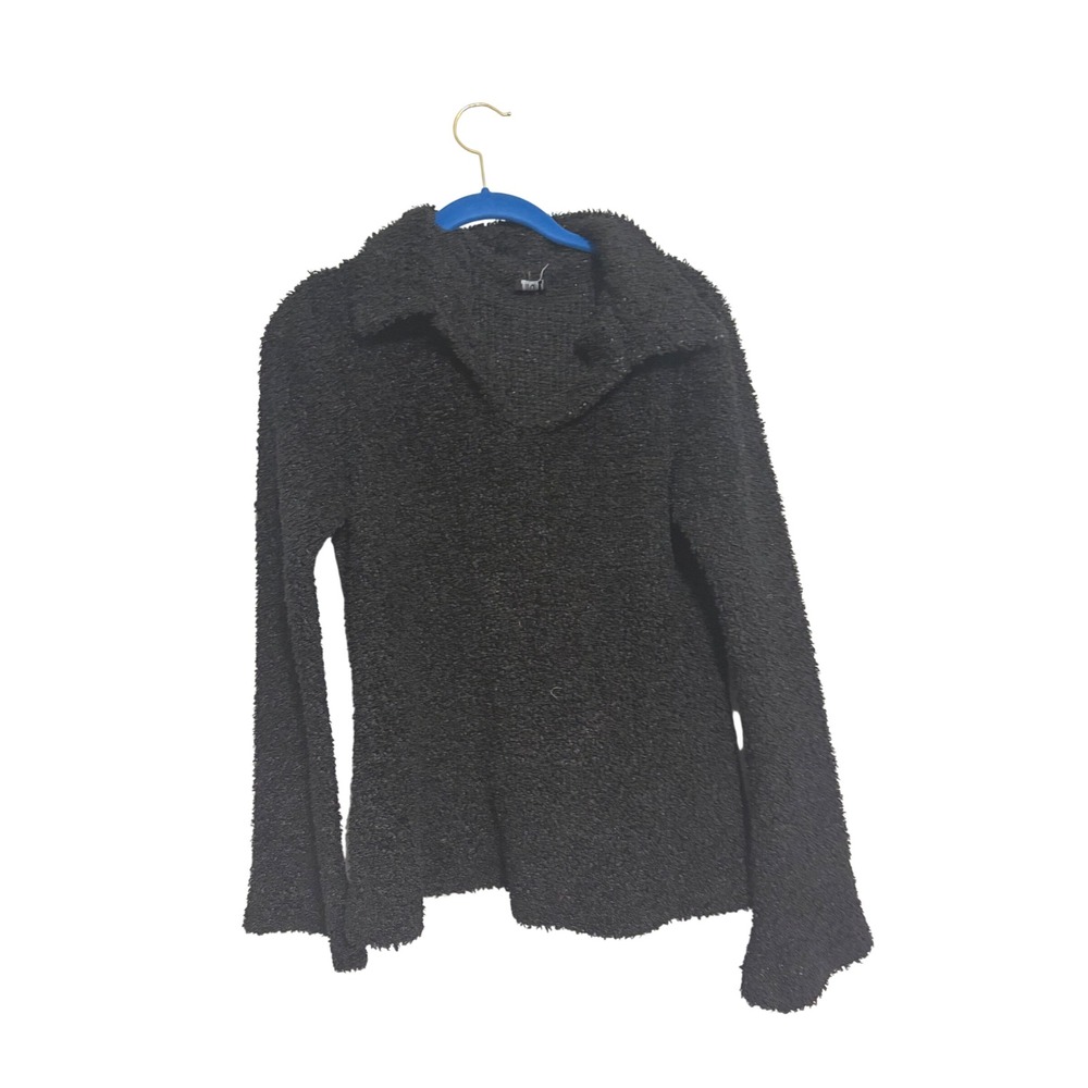 High Maintenance Sweater Popcorn Knit Black Collared Fuzzy V-Neck Y2K Small